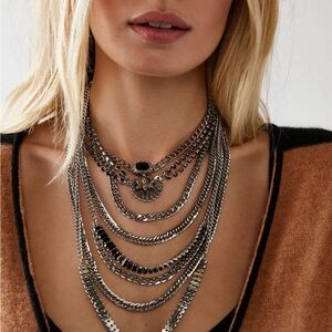 Free People Silver Multi-Layer Statement Necklace with Black Accents